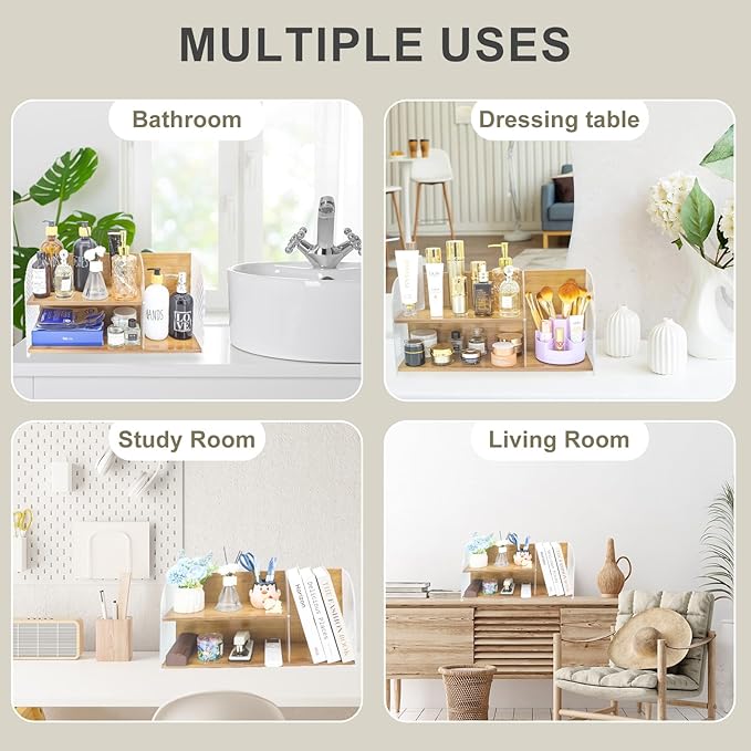 2-Tier Acrylic Makeup Organizer & Skincare Storage Cabinet Countertop Bamboo Desktop Organizer for Cosmetics, Skincare, and Essentials -Brown