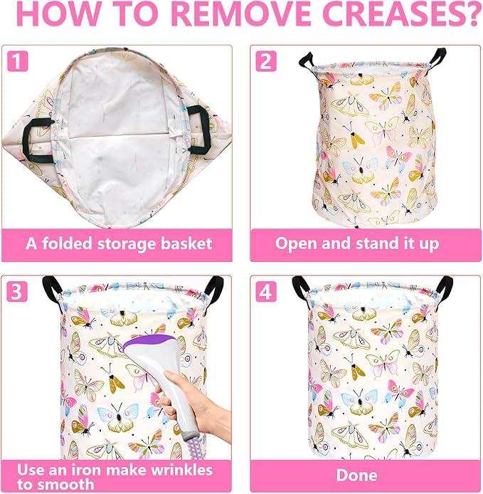 KUNRO Round Spring Butterfly Laundry Gift Basket Storage Hamper, Clothes Storage Organizer Bins, Shelf Basket with Handles for Room Decor