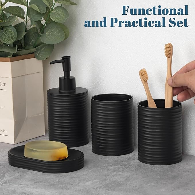 Plastic Bathroom Accessories Set 4Pcs, Black Bathroom Accessory Set Includes Liquid Soap Dispenser with Rust-Proof Plastic Pump, 2Pcs Bathroom Cup, Soap Dish for Modern Home Apartment
