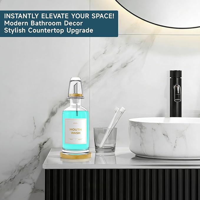 Glass Mouthwash Dispenser for Bathroom Countertop – 14oz/410ml Refillable Mouthwash Bottle with Stainless Steel Pour Spout & Bamboo Tray, Modern Decor for Home, Office, Airbnb (Clear)