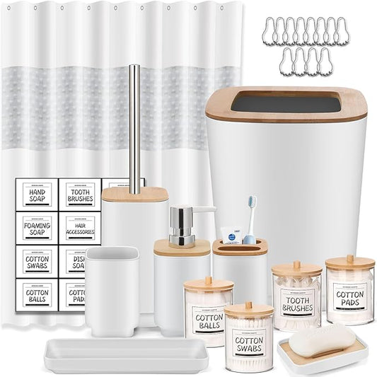 Bathroom Accessories Set,White Bathroom Set,22 Pieces Bathroom Accessory Set with Shower Curtain,Trash Can for Bathroom Accessories Décor and Home Gifts