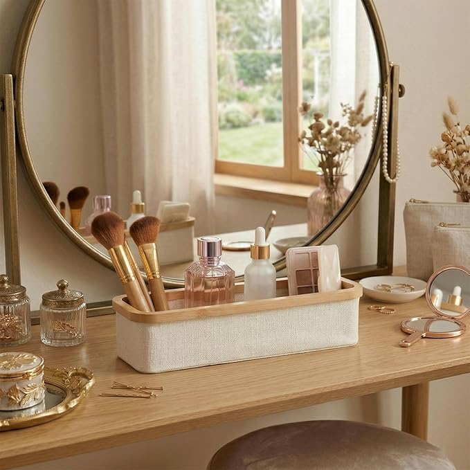 WOOHA Bamboo Makeup Organizer for Vanity - Fabric Cosmetic Storage Bin for Bathroom Countertop, Slim Skincare Organizer for Perfume, Lotions & Beauty Brushes, Foldable Storage Container (Beige, Small)