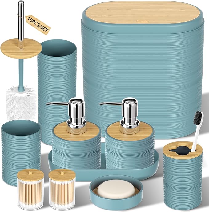 XLHOMO Light Blue Bathroom Set - 10PC Bathroom Accessories Set, Luxury Bathroom Accessory Set with Trash Can,Toilet Brush & 2 PC Soap Dispensers for Apartment Decor and Housewarming