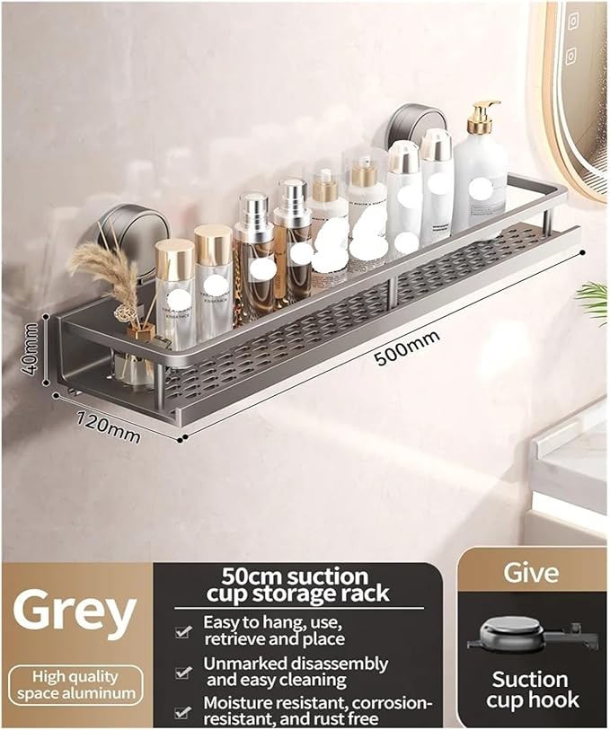 No Drill Suction Cup Suction Bathroom Rack Bathroom Shelf Toilet Space Aluminum Hanging Rack Bathroom Organizer Hang On The Wall(Grey layer 50cm)