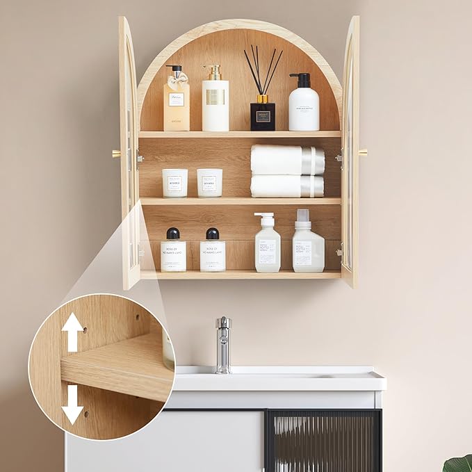 Wall Bathroom Cabinet with Glass Doors, Wood Medicine Cabinet with Adjustable Shelf, Arched Hanging Cabinet for Bathroom, Livingroom, Kitchen (Natural)