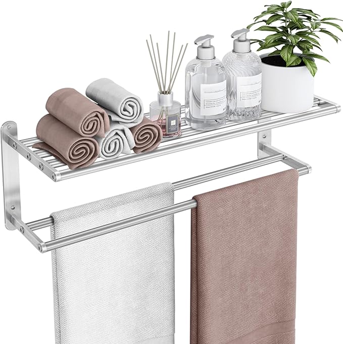 Towel Racks for Bathroom - 24 in Bath Towel Shelf with Double Towel Bar, Stainless Steel Towel Storage for Lavatory Wall Mounted, 2-Tier Towel Hanger Towel Holder, Brushed Nickel