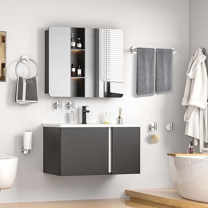 Bathroom Hardware Set 5 Pieces, SUS304 Stainless Steel Bathroom Accessories Set, 24 Inch Towel Bar Set, Round Bathroom Accessories Kit Wall Mounted, Simple Design for All Bathrooms (Polished Chrome)