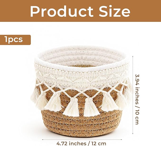 Macrame Makeup Brush Holder Organizer Comb Brushes Mini Storage Basket Boho Decor Baskets Cosmetics Desk Storage Baskets Tassels Fringe Decorative Pencil Holder for Vanity Office Desk Organizer