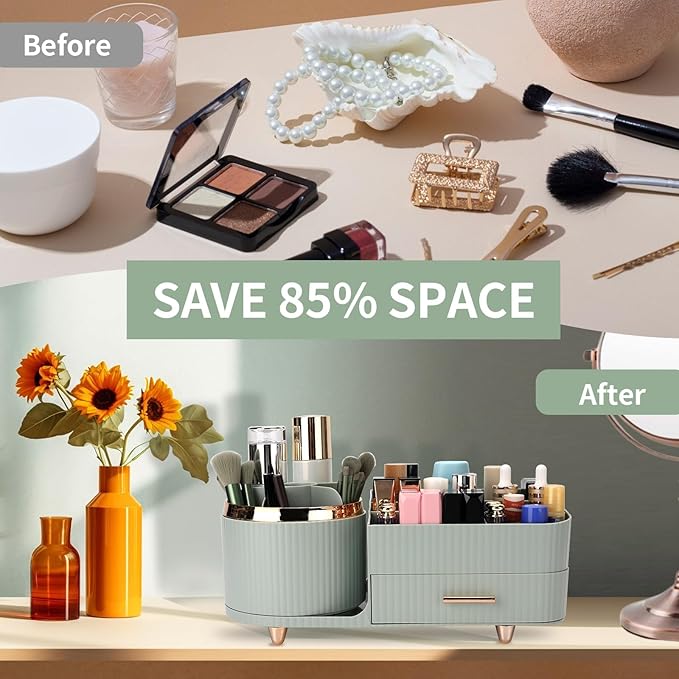 Beborxue 360?? Rotating Makeup Organizer for Vanity with Drawers, Large Capacity Cosmetic Display Case, skincare organizer, Cosmetic Organizer for Lipstick, Skincare, Brushes, Eyeshadow, (Green)