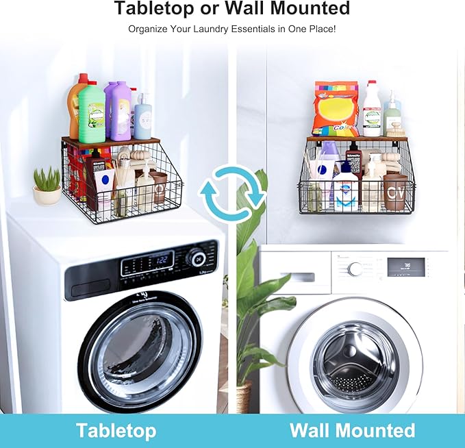 MSJGA Laundry Room Shelves Wall Mounted with Storage Basket - Farmhouse Stackable Wire Wall Shelves Organizer for Towels, Detergent, Tissues | Space-Saving Over Washer & Dryer(11.8" Wx12 Dx8.5 H)