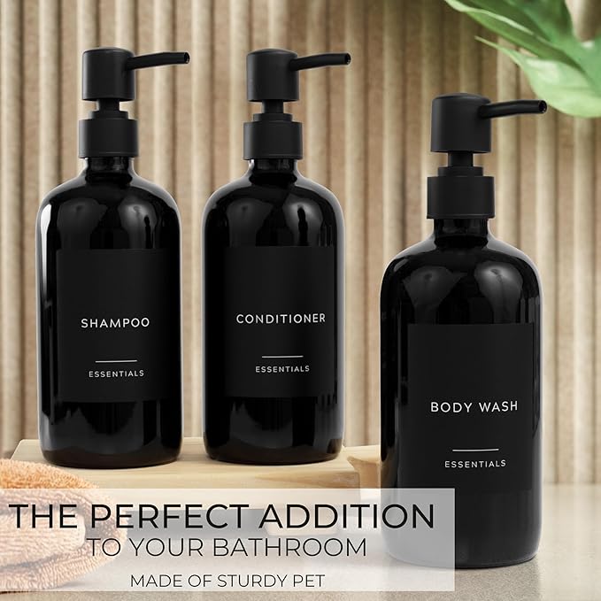 Stylish Shampoo and Conditioner Dispenser Set of 3 - Modern 21oz Shower Soap Bottles with Pump and Labels - Easy to Refill Body Wash Dispensers for an Instant Bathroom Decor Upgrade - Black