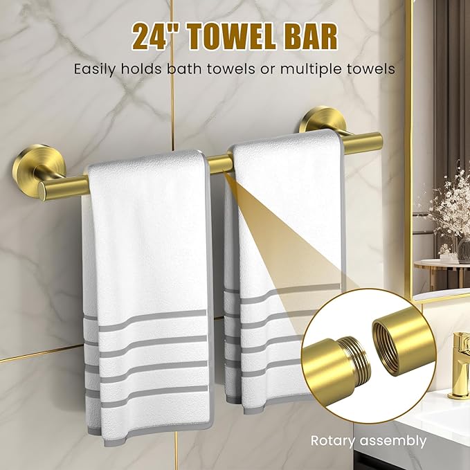 Brushed Gold 5 Piece SUS304 Stainless Steel Bathroom Accessories Set, 24 Inch Towel Bar Set, Round Bathroom Accessories Kit Wall Mounted, Minimalist Design for All Styles Bathrooms (Gold)