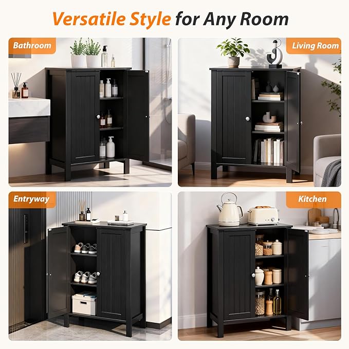 Bonnlo Free Standing Bathroom Cabinet, Modern Black Storage Cabinet with Doors, Small Wooden Floor Cabinet Sideboard for Hallway, Bedroom, Kitchen Organization, 31.5 Inch High