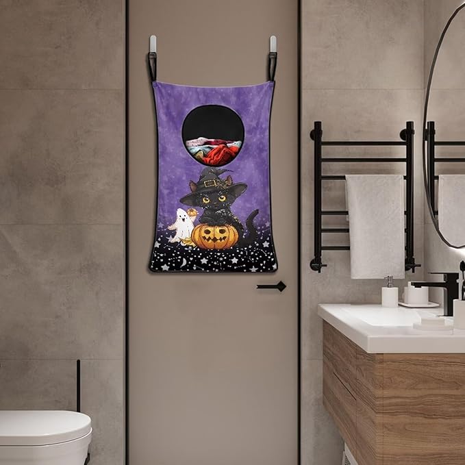 ZOUTAIRONG Hanging Hamper for Clothes Over the Door Laundry Hamper Laundry Basket Hanging Shelf Closet Storage Organizer Hamper Laundry Bag for Halloween, Black Cat Pumpkin