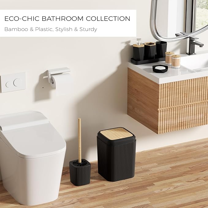 Black Bathroom Accessories Set, Unbreakable Bathroom Set, Trash Can, Toilet Brush with Holder, Soap Dispenser, Toothbrush and Toothpaste Holder, Tumbler, Soap Dish, Qtip Holders, Tray, Bamboo Decor
