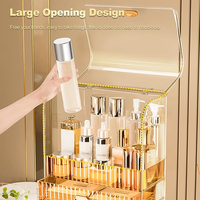 Ergocar Portable Transparent PET Series Multi-Function Make Up Case Dustproof Cosmetic Storage Box, Cosmetics Skin Care Products Jewelry Organizer Case Lipstick Box - Orange Three Layers