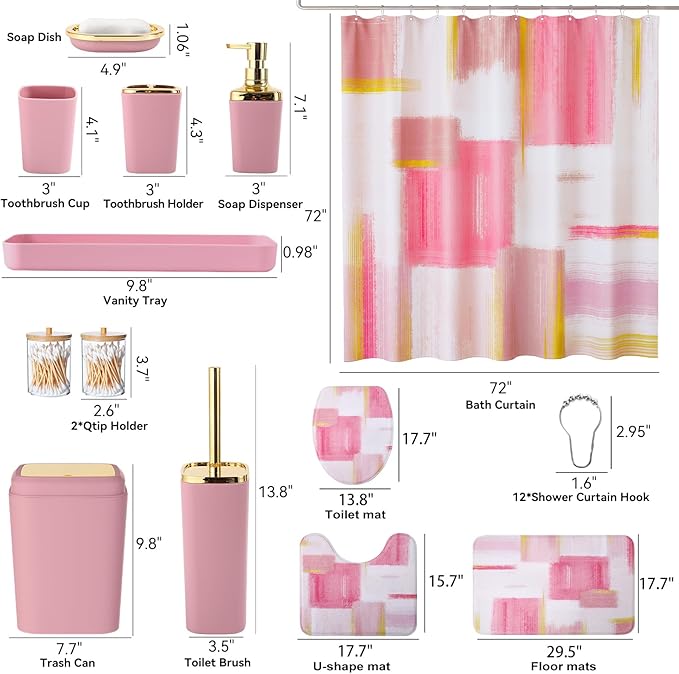 XLHOMO Bathroom Accessories Set - 25PC Bathroom Set with Shower Curtain and Rugs, Pink Bathroom Set, Bathroom Accessory Set with Press-on Lid Trash Can, Soap Dispenser and Qtip Holders