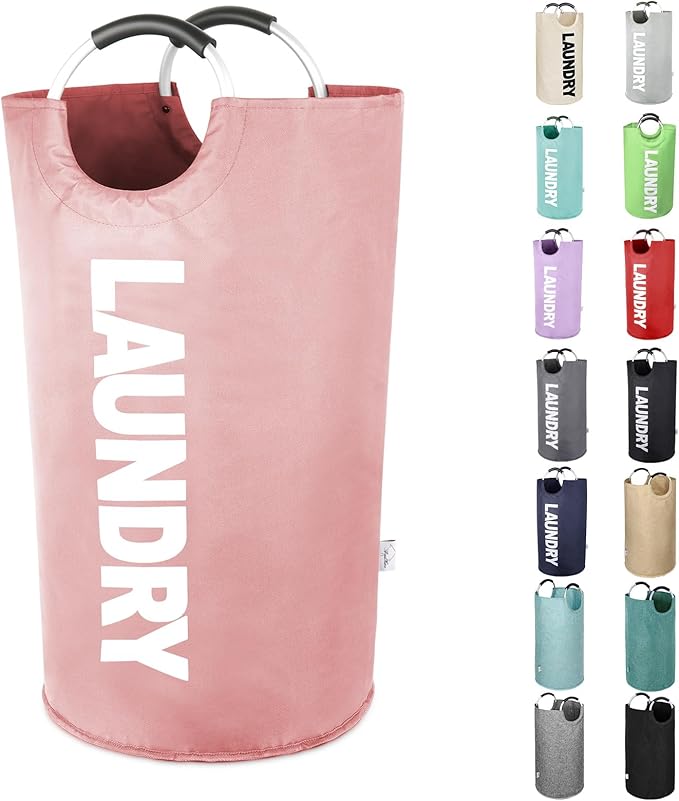 Large Laundry Basket Collapsible???Freestanding Clothes Hamper Bag with Handles ?€? Tall Folding Dirty Laundry Bin???Sturdy Laundry Sorter for College Dorm???Laundry Room ?€? 95L (Pink)