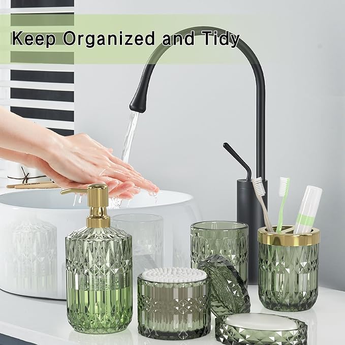 QIQU Green Glass Bathroom Accessories Set 5 Pcs, Green Bathroom Set, Soap Dispenser and Toothbrush Holder Set, Qtip Holder Set, Vintage Bathroom Sink Set, Cute Bathroom Decor