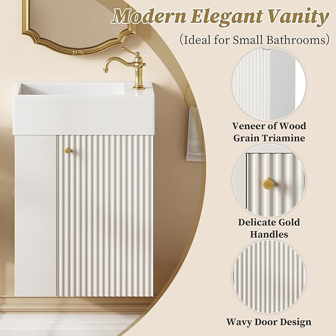 Virubi 18.5" Floating Bathroom Vanity with Sink, Soft Closing Doors, Wood Modern Single Small Bathroom Vanity Cabinet with Open Shelf, Wall Mounted (White, Left Shelves)