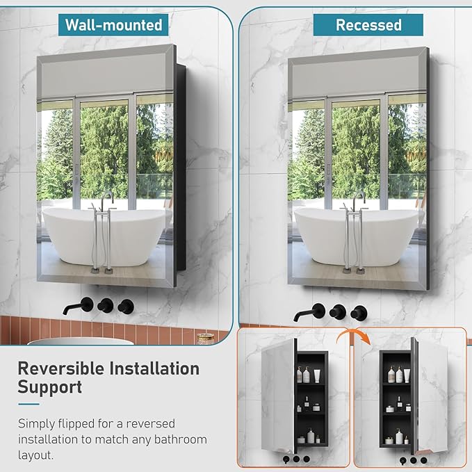 16 x 24 Inch Recessed Medicine Cabinet, Metal Cabinet with Adjustable Shelves, Wall Mounted Black Cabinet for Bathroom