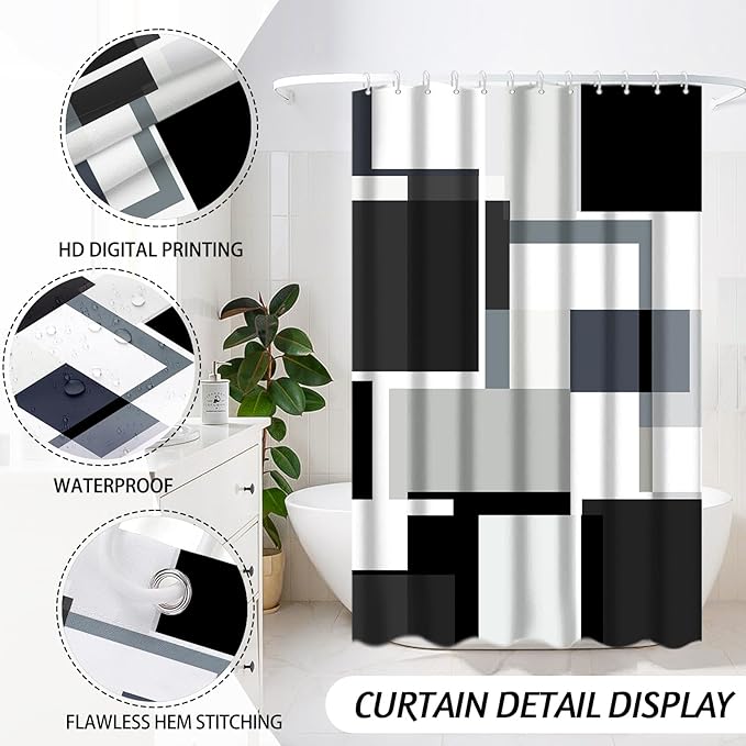 Lnond Black Bathroom Set, 23-Piece Black Geometric Bathroom Decor Set with with Shower Curtain and Rugs, Trash Can, Toilet Brush Holder Set & Soap Dispenser