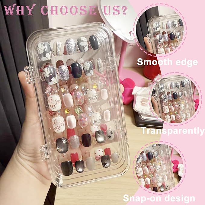 Compact Press on Nail Storage Box,Portable Tri-Fold Press on Nails Organizer Case with 60 Pcs Adhesive Double Sided Tape,Acrylic Nail Storage Box for All Size Fake Nails Home Travel Use