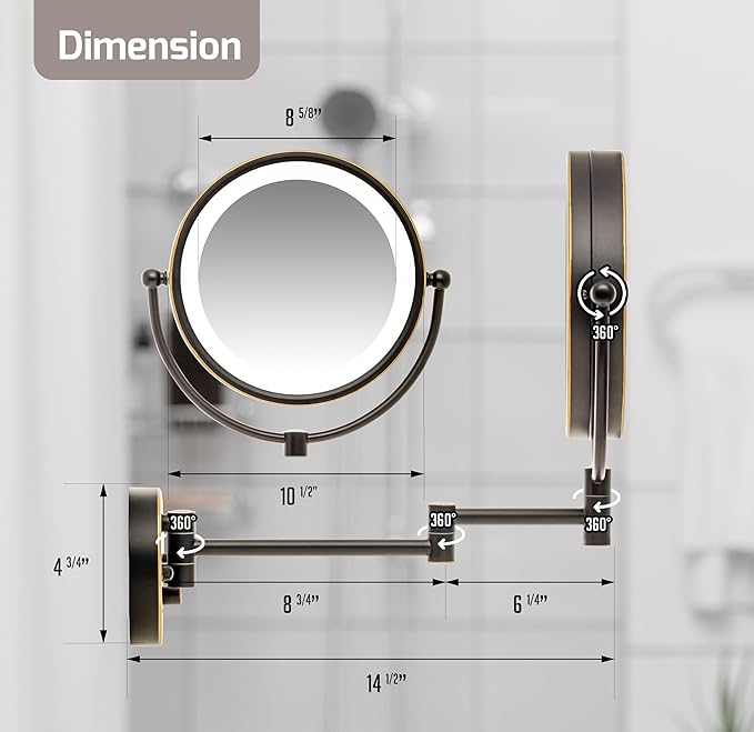 OVENTE Wall Mounted Lighted Makeup Vanity Mirror, 9" Hard Wired Double Sided 1X/7X Magnifying Bathroom Mirror, Dimmable LED Lights, 360° Rotation and 14" Extendable Arm, Rubbed Bronze MPWD3185BZ1X7X