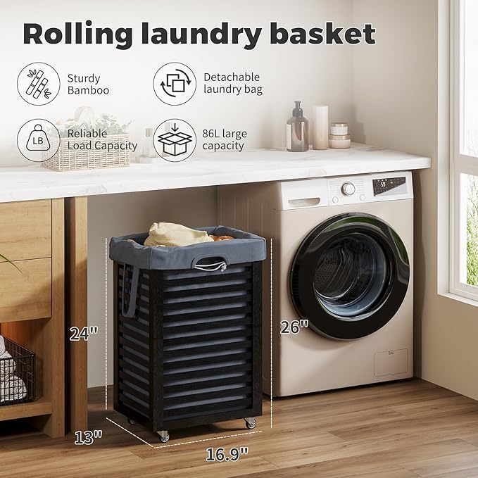 Laundry Hamper with Wheels,Rolling Laundry Basket with Removable Bag,Bamboo Clothes Hampers with Handles for Clothing, Bathroom, Bedroom, Laundry Room (Black)