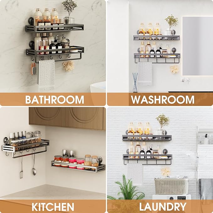 Shower Caddy Suction Cup, 15.7 inch 2 Pack Suction Shower Shelf with Hooks NO-Drilling Bathroom Holder, Rustproof Bathroom Organizer, Includes 2 Extra Suction Cups, Dark Grey