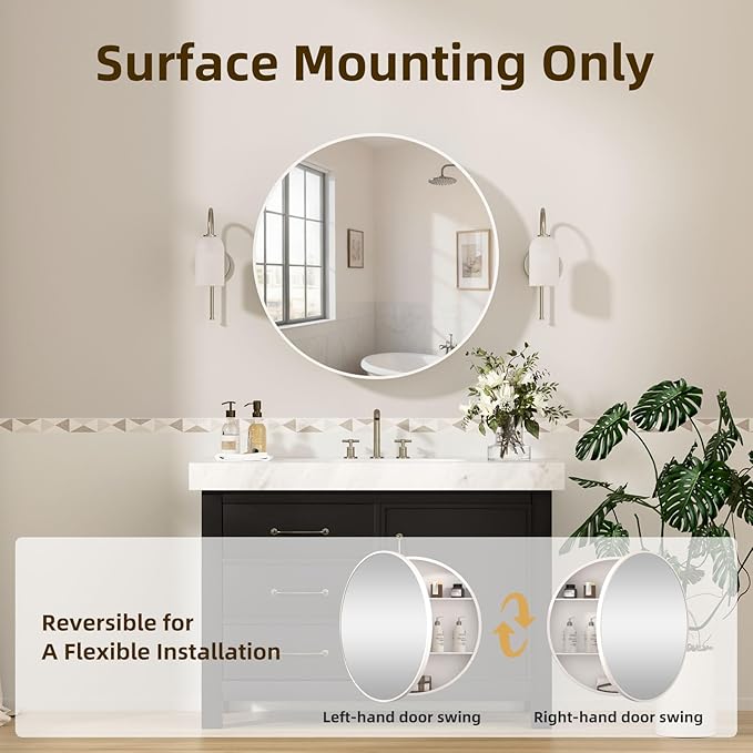 30 x 30 Inch Round White Mirror Medicine Cabinet Surface Mounted, Circular Modern Bathroom Medicine Cabinet with Mirror, Metal Framed Medicine Cabinets with Tempered Glass Mirror