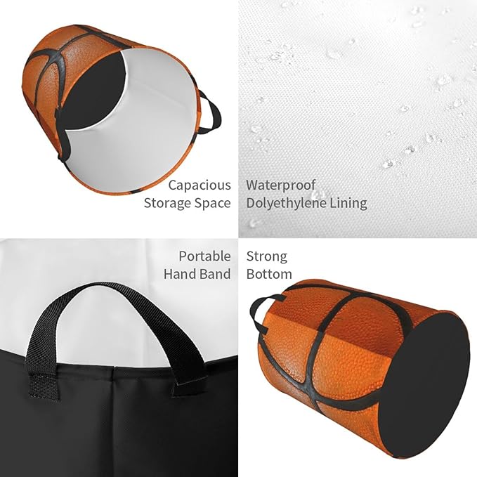 Basketball Ball Texture Round Laundry Hamper Storage Basket Toys Clothes Organizer Bin For Home Bathroom Bedroom Dorm Nursery, 38l