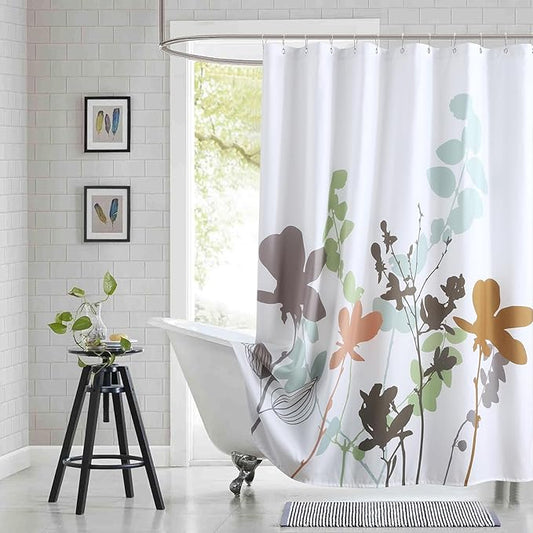 Modern Botanical Shower Curtain 72x78 Inches Long, Waterproof White Fabric with Brown & Green Branch Silhouette Print, 12 Metal Grommets & Weighted Hem