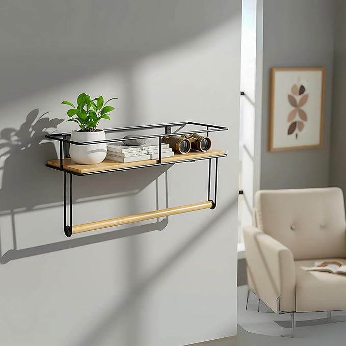 Hand Towel Holder with Wooden Shelf – Wall-Mounted Bathroom Shelf with Towel Bar - Perfect for Shower, Kitchen and Toilet - Matte Black
