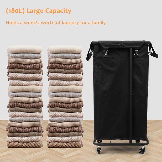 Longzhuo 47.55 Gal(180L) Laundry Basket with Wheels, Rolling Laundry Basket, Large Laundry Hamper, Metal Wheeled, for Hotel, Bedroom, Laundry Room Organization, Black