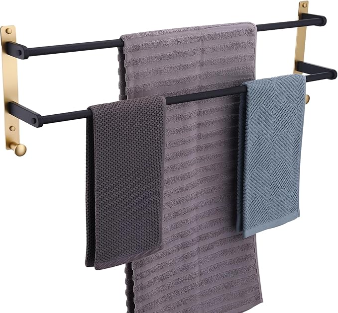 Double Towel Bar with Hooks, 30 Inch Long Towel Hanger - Stainless Steel Bathroom Towel Rack Wall Mounted, Black & Gold