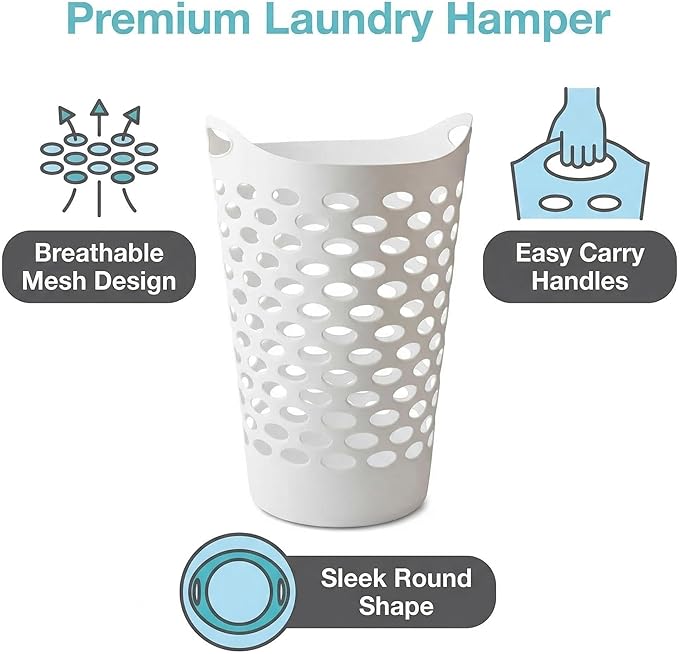3 Pack Round Tall Plastic Laundry Basket with Handles, Lightweight & Flexible, 2.2 Bushels Large Capacity, Easy to Clean, Space Saving Laundry Hamper for Bedroom, Dorm, Bathroom, White