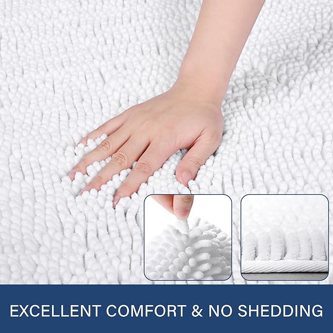 LOCHAS Luxury Bathroom Rug Shaggy Bath Mat 24 x 36 Inch, Washable Non Slip Bath Rugs for Bathroom Shower, Soft Plush Chenille Absorbent Carpets Mats, White