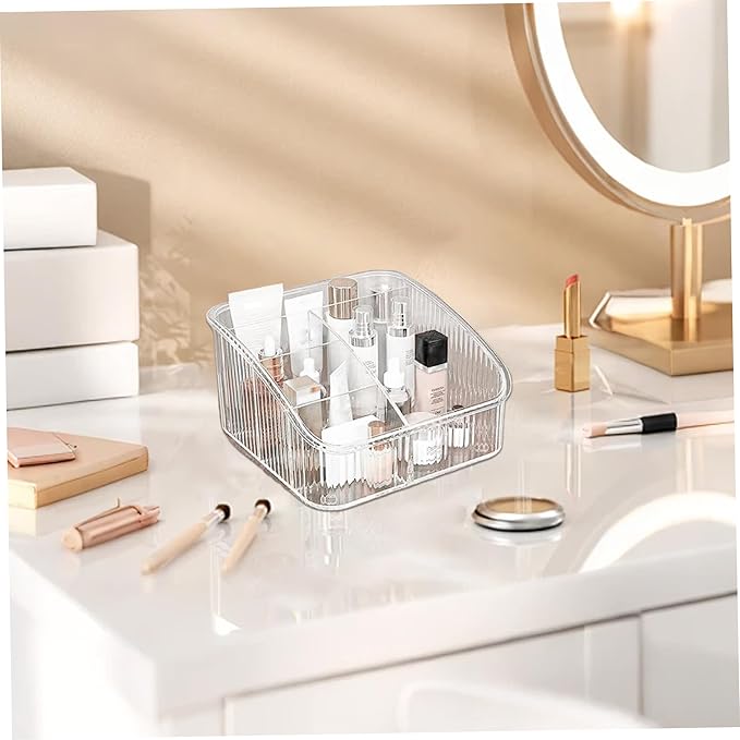 Plastic Makeup Organizer, Clear Plastic Makeup Organizer, 5 Compartment Cosmetic, 7x7x4 Inch Holder for Bedroom Vanity