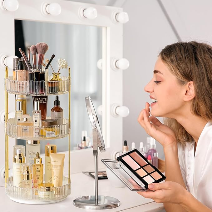 shuang qing Rotating Makeup Organizer for Vanity, High-Capacity Skincare Clear Make Up Storage Perfume Organizers Cosmetic Dresser Organizer Countertop 360 Spinning (Clear, New-3 Tier)