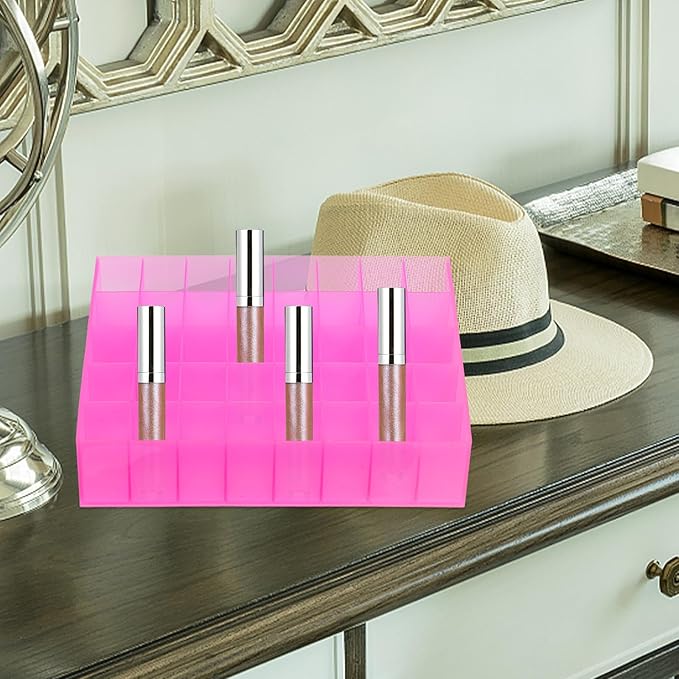 Ipetboom 40 Slots Makeup Holder Plastic Lipstick Holder 40 Slots Lipstick Box Lip Gloss Storage Organizer Tubes Display Case Makeup Desk Organizer for Home Shop Use Pink