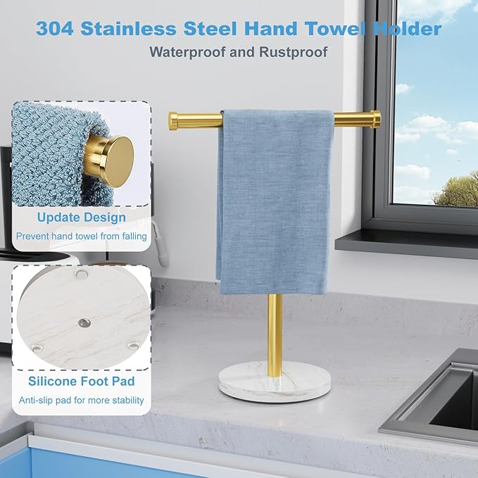 Hand Towel Holder, T-Shape Hand Towel Stand with Heavy Marble Base, Stainless Steel Towel Bar Rack for Bathroom Vanity, Kitchen Countertop, Gold