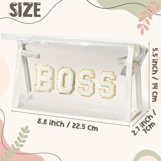 CY2SIDE BOSS Clear Makeup Bag - White BOSS Letter Patch Cosmetic Bag Best Gift for Sister PVC Zipper Clear Travel Pouch with handle for Toiletries Waterproof Portable Travel Organizer for Women Girl