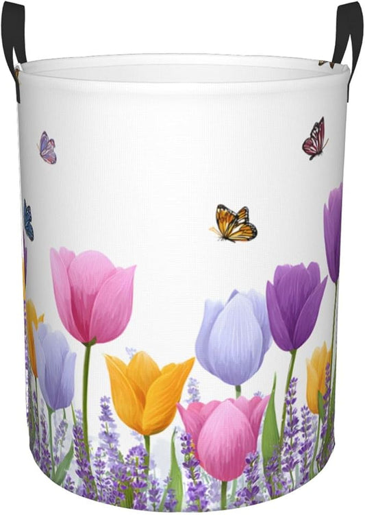 Floral Tulip Laundry Hamper, Collapsible Storage Basket with Handles for Clothes, Bedroom, Bathroom 19.6 x15.7 Inch