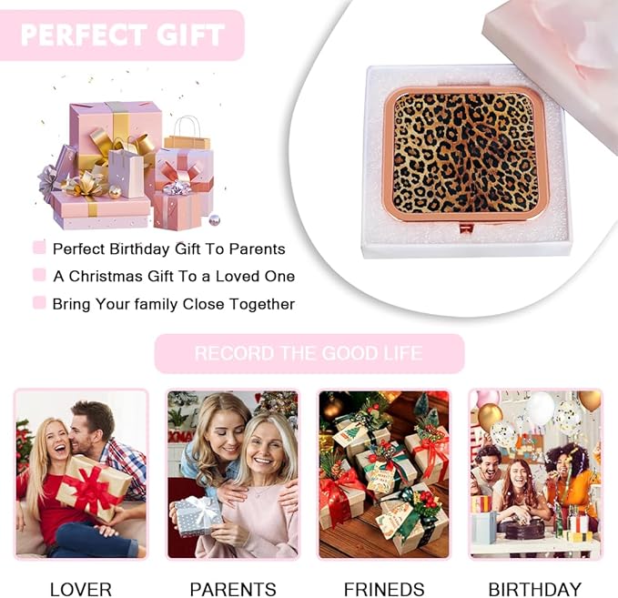 Pocket Mirror, Small Travel Mirror with Magnification, Portable Double-Sided Magnifying Cosmetic Mirror for Daily Rose Gold Leopard Print