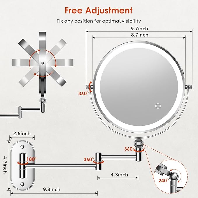 ZLOKLA 9" Wall Mounted Lighted Makeup Mirror,4000mAh Rechargeable Double Sided 1X/30X Magnifying Mirror with Light,Touch Dimmable,Extended Arm 360 Rotation Wall Mounted Makeup Mirror 3 Color Lights-C