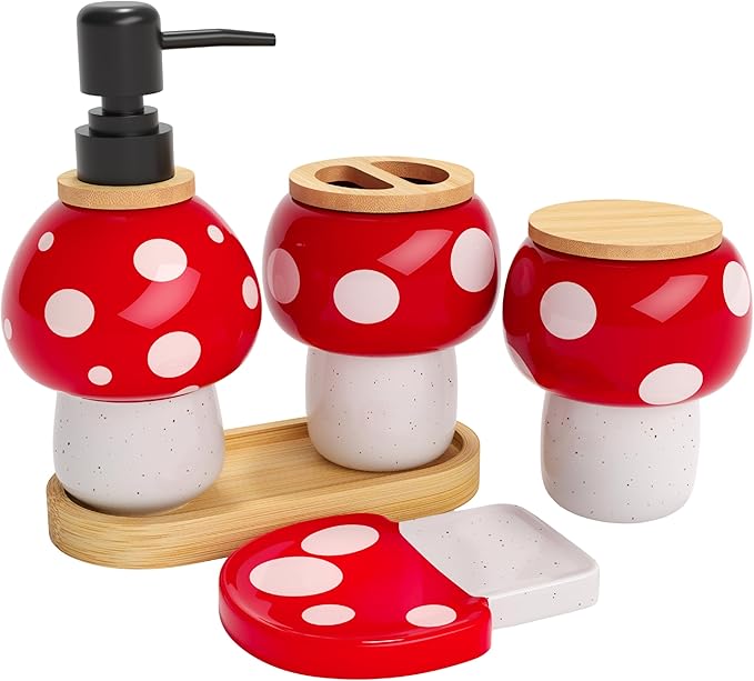Mushroom Bathroom Decor Set – Ceramic Soap Dispenser, Toothbrush Holder, Canister, and Soap Dish with Bamboo Accessories – Cottagecore Bathroom Gifts for Women