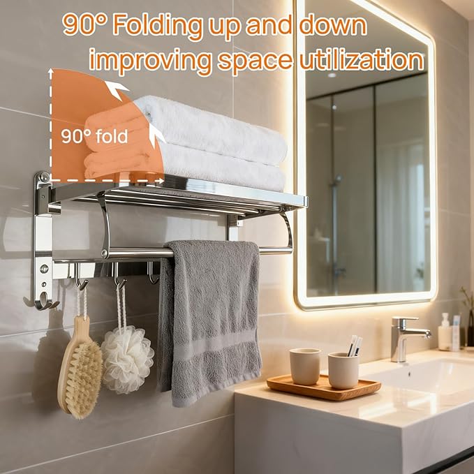 24" Double Towel Rack with 7 Hooks, SUS304 Stainless Steel Towel Bar Towel Rack with Shelf, 90° Foldable Towel Holder, for Bathroom Wall Mounted.（Mirror Polished Silver）