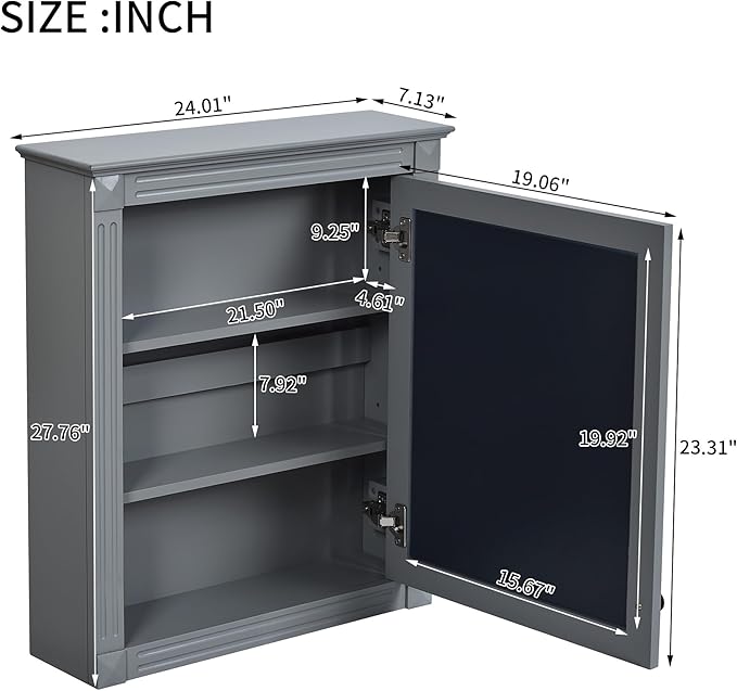 24'' x 27'' Wall Mounted Bathroom Storage Cabinet with Mirror, Medicine Cabinet with Height Adjustable Shelf, Over The Toilet Space