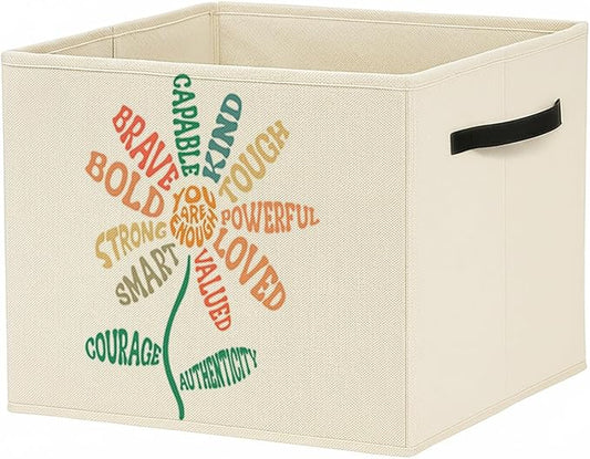 Inspirational Boho Floral Storage Bin Box with Handles, You Are Enough Positive Foldable Baskets Organizer for Kids Room Bedroom Bathroom Clothes Toys Books, Toybox for Girls